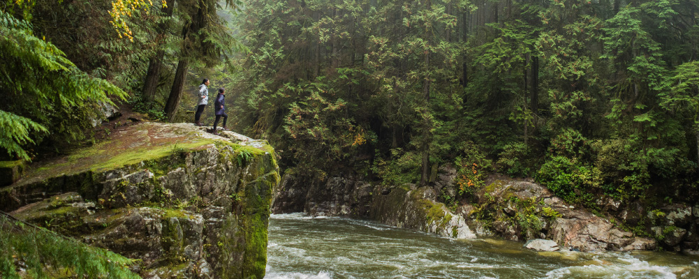 Two hikers stand on a cliff overlooking the Capilano river, surrounded by tall old growth trees